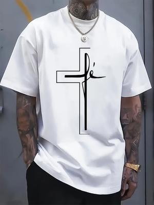 Summer Cross Jesus Religious Print Large Mens Casual Sports Outdoor Round Neck Short Sleeved Tshirt