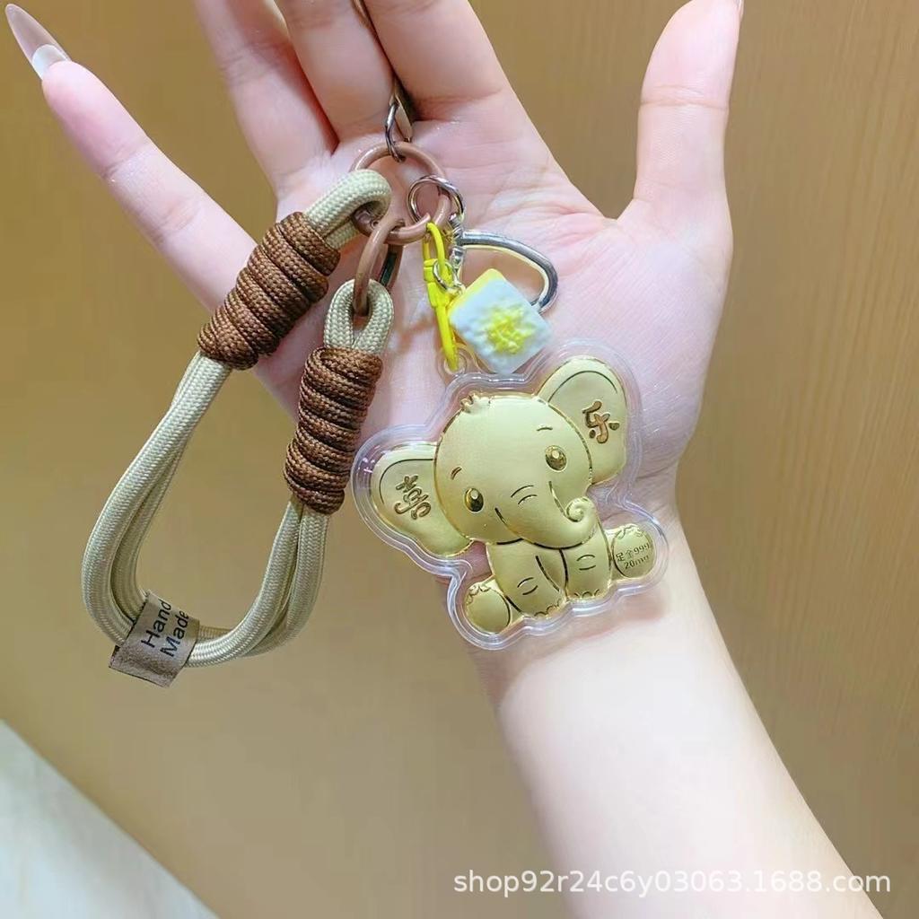 999 Pure Gold Happy Elephant Pendant Keychain & Phone Charm Refrigerator Magnet Gift