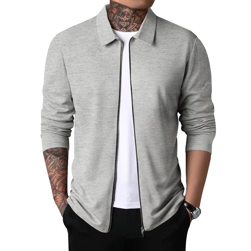 Autumn Men's Zippered New Waffle Cardigan Jacket Lapel Jacket Coat or Wear It Alone Casual Top