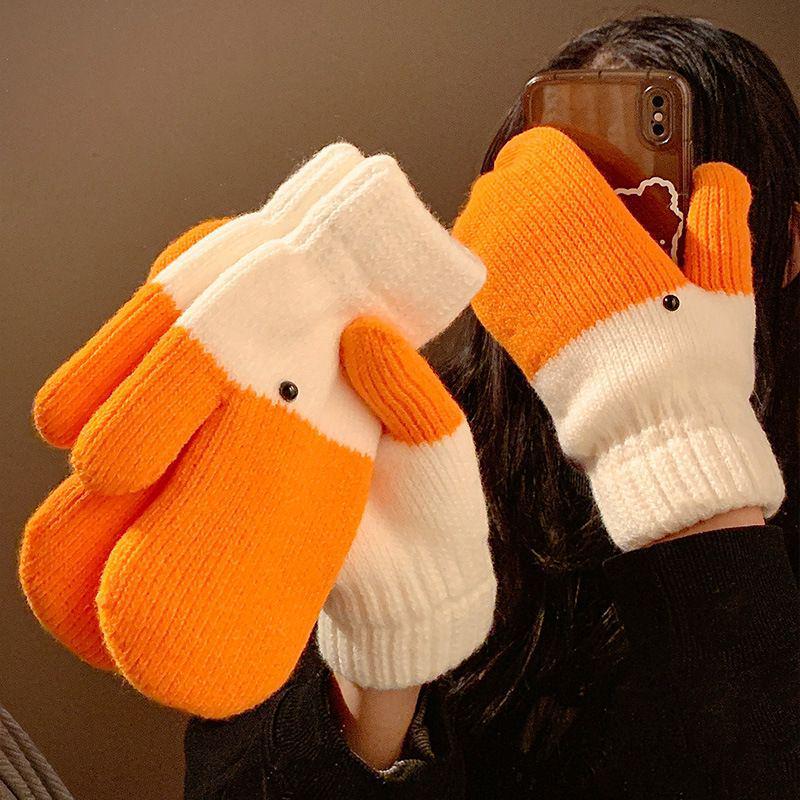 Women's Woolen Fingerless Goose Gloves - Thick, Warm, Velvet-Lined, Cold-Proof, Ideal for Autumn/Winter.