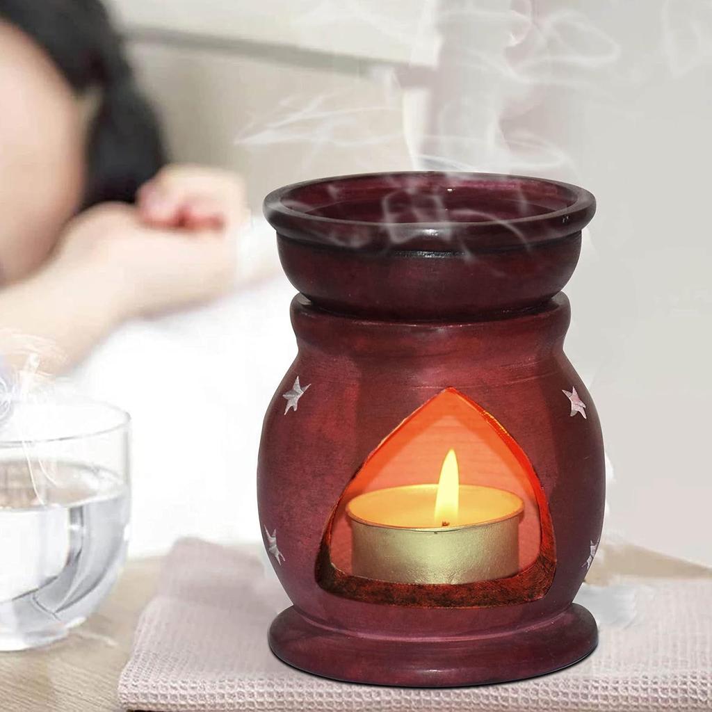 India Handcrafted Soapstone Aroma Burner Oil Diffuser and 1 Tea Light Candle (Red)