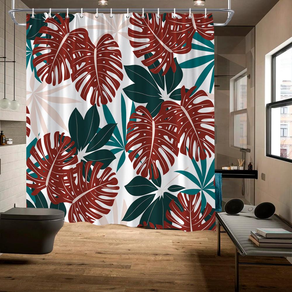 1pc Tropical Leaf Design Shower Curtain - HD Print, Year-Round Countryside Style, 70.8x70.8In, 12 Hooks Included