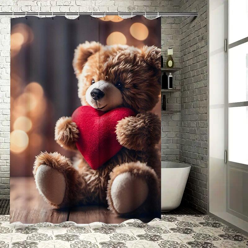 Cute Teddy Bear with Heart Shower Curtain | Cozy and Romantic Bathroom Decor