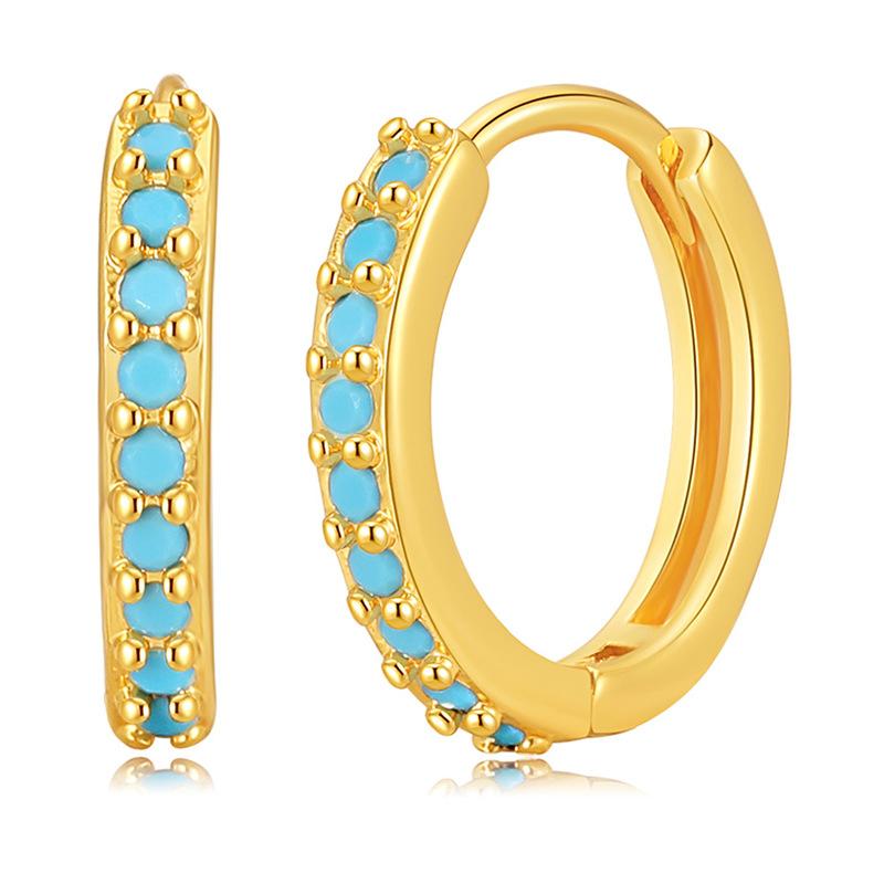 Turquoise Earrings Brass Plated 18K Real Gold Color Retention Retro Circle Metal Texture Ear Buckle Premium Sense