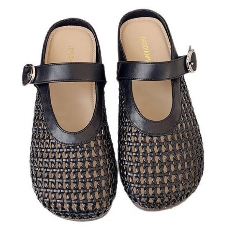 Sheepskin version~ Summer hollow mesh shoes sandals flat bottom soft and comfortable shallow mouth Mary Jane shoes hole women's shoes