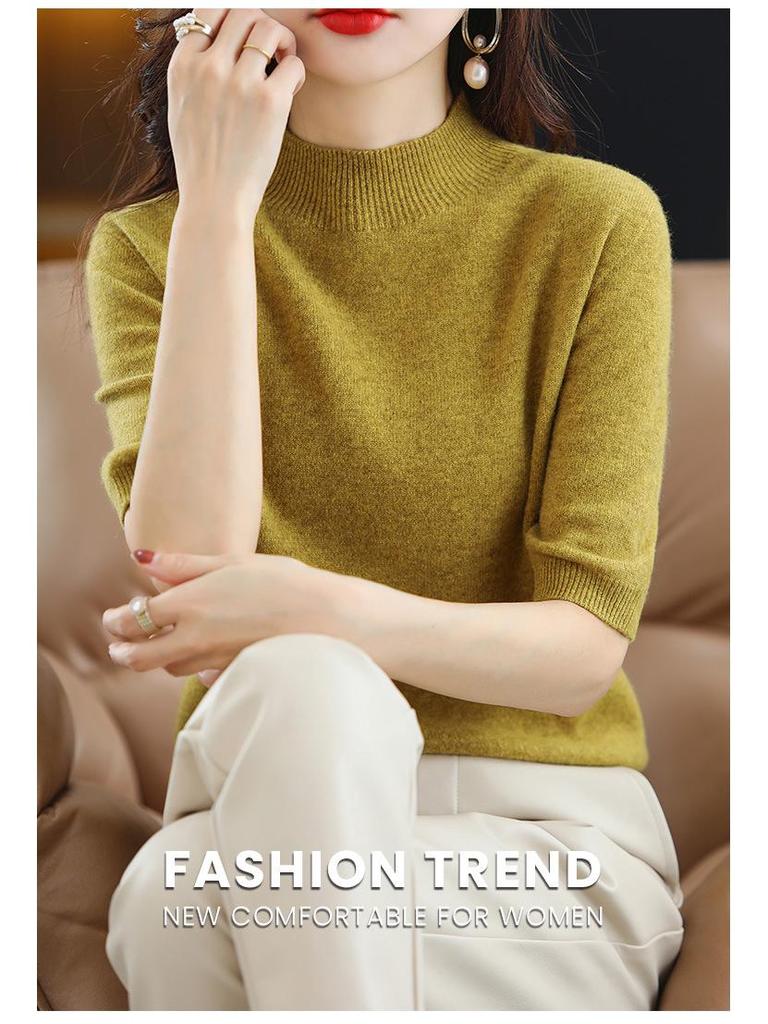 Women's Spring Autumn Half-sleeved Knitted Short-sleeved Thin Blouse Women's T-shirt Round Neck Mid-sleeved Loose Blouse