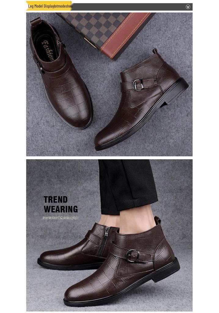 Men's Slip-On High-Top Cowhide Ankle Boots - Plus Size, Velvet-Lined, Warm Casual Leather Boots for Autumn/Winter.