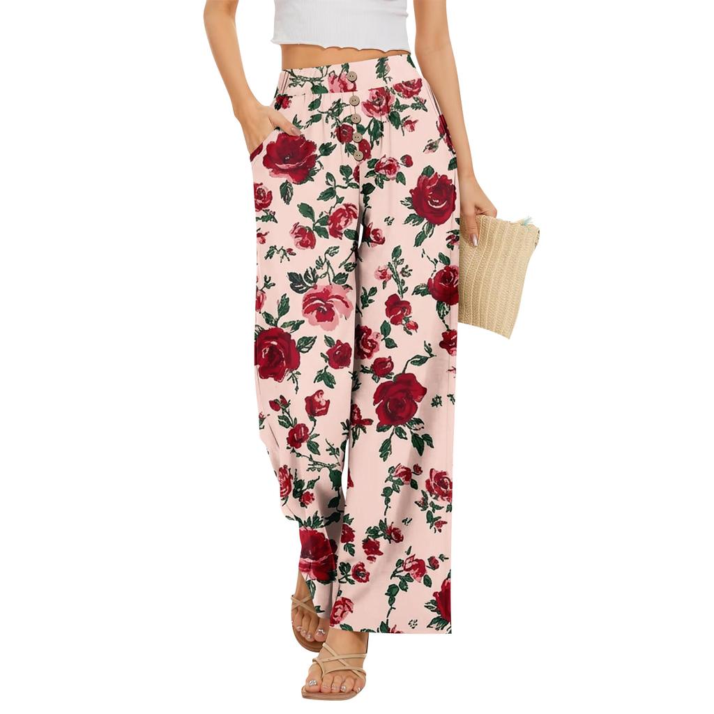 High Waist Wide Leg Pants for Women with Button and Pocket Design Loose Fit Floral Print Trousers for Daily Wear