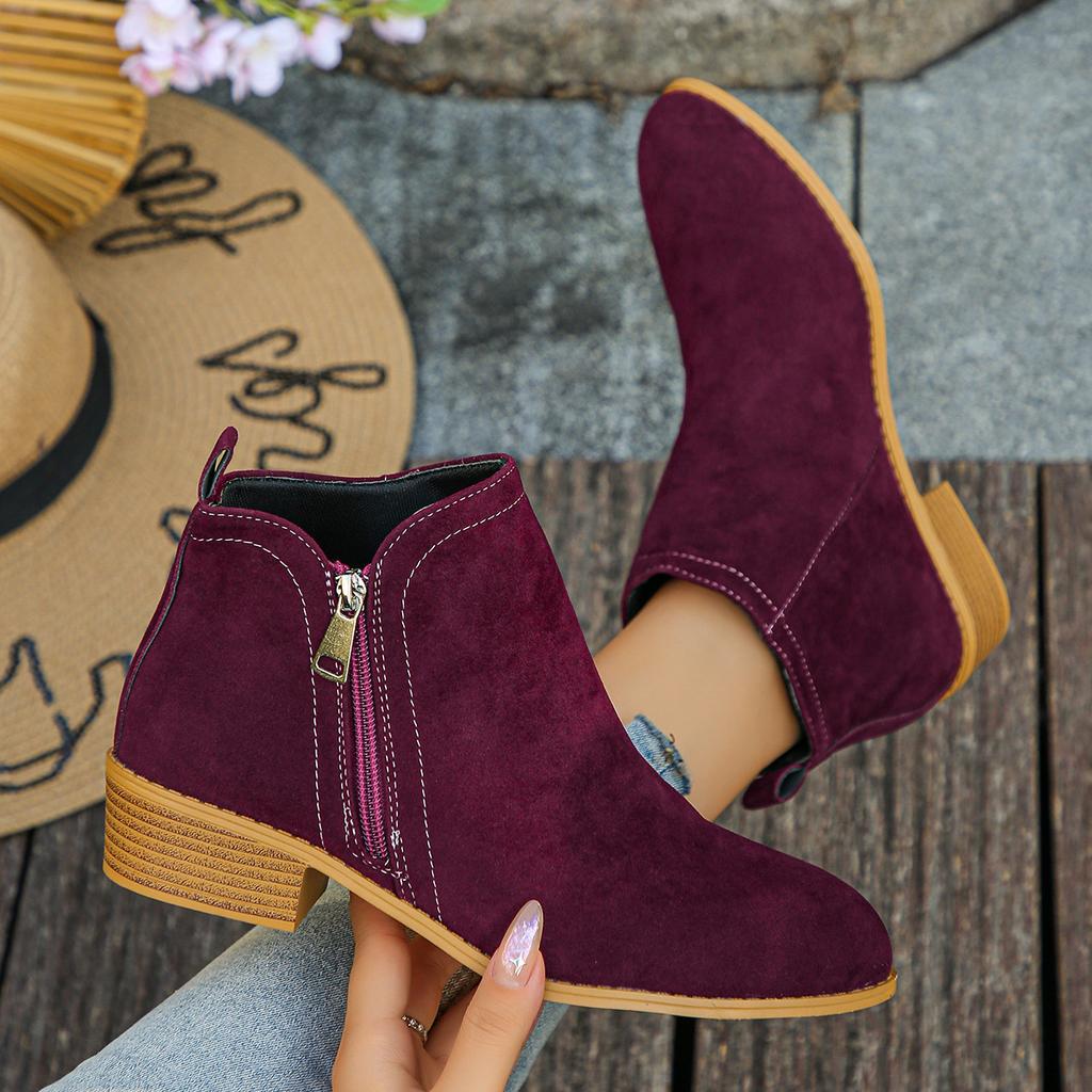 Women's Wide Width Suede Ankle Boots, Dual Side Zipper Retro Booties, European Style Winter Shoes for Women