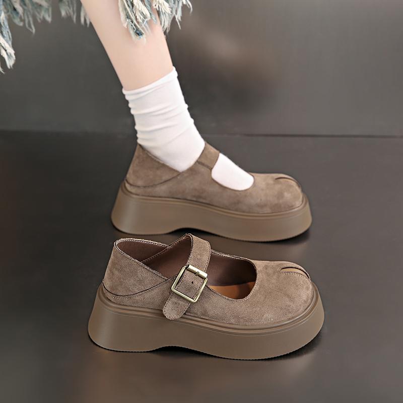 Fashion Women's Thick Sole Single Shoes Spring New Round Head Shallow Mouth Suede Metal Buckle Anti-slip Wear-resistant Low-top Shoes