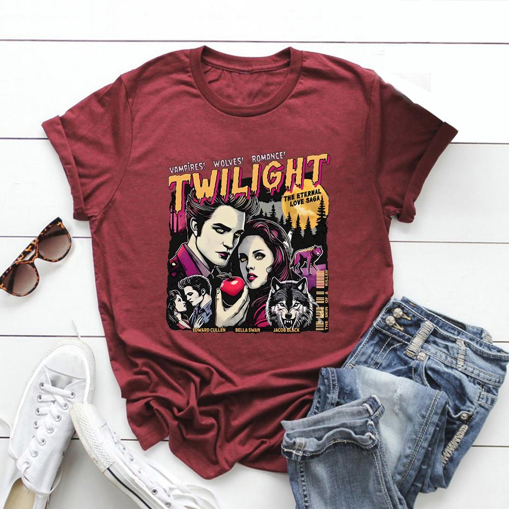 Vintage Koszulka Zmierzch Koszulka dla Fanów Zmierzchu Hołd Koszulki Retro Unisex Krótki Rękaw Koszulka z Wampirami Top Prezent dla Miłośnika Książek