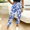 Summer Ladies Blue and White Porcelain Ink Wash Printed Sweatpants Loose Fit Drawstring Joggers Elastic Cuff Daily Casual Pants