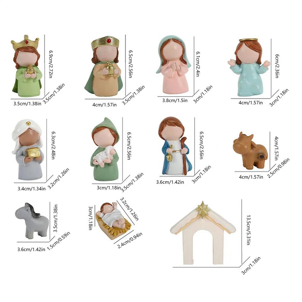 

12pcs Nativity Christmas Ornament Holy Family Cartoon Character Christmas Decoration Small Resin Statues Nativity Set Decor
