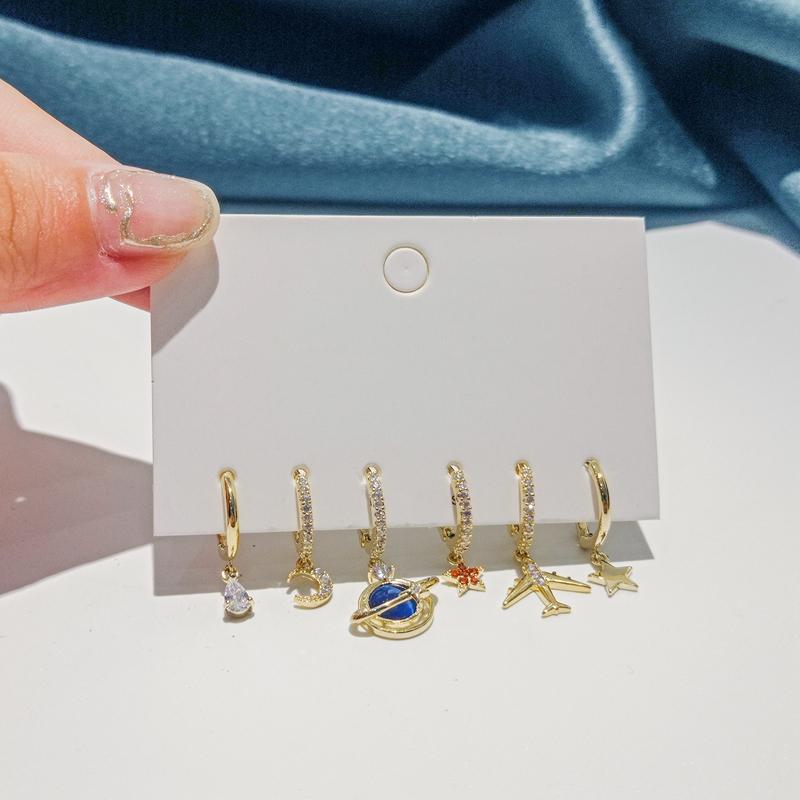 ANENJERY 6-częściowe zestawy kolczyków kółek z cyrkoniami w kształcie samolotu, planety, księżyca i gwiazdy dla kobiet, luksusowa błyszcząca biżuteria