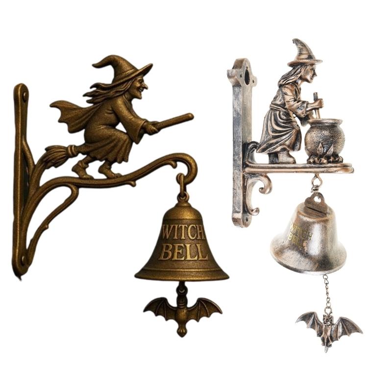 Witch Themed Entryway Door Chimes Handmade Wall Hanging With Metal Bells and Antique Hook For Mystical Home Decoration
