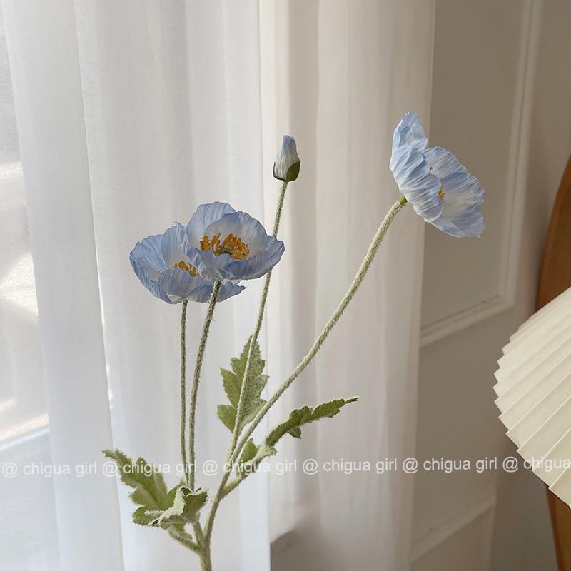Blue Iceland Poppy Silk Flower Bouquet for Living Room Decoration