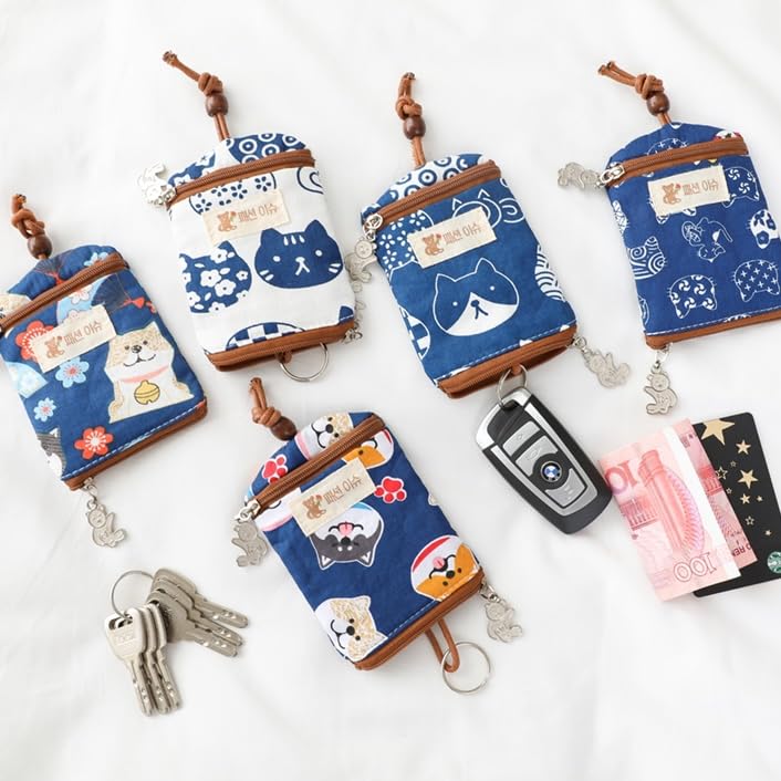 loco animo Key Case, Double Zipper, Cotton, Lightweight, Slightly Larger, Cute, Plant Pattern, Animal