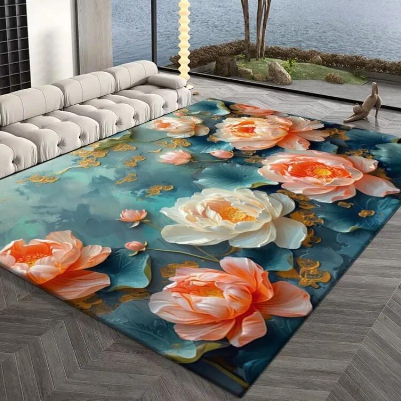 Elegant Fine 3D Peony Floral Pattern Carpet Mat Blue Pink Gold Relief Rug for Living Room Bedroom Hotel Luxury Home Decoration