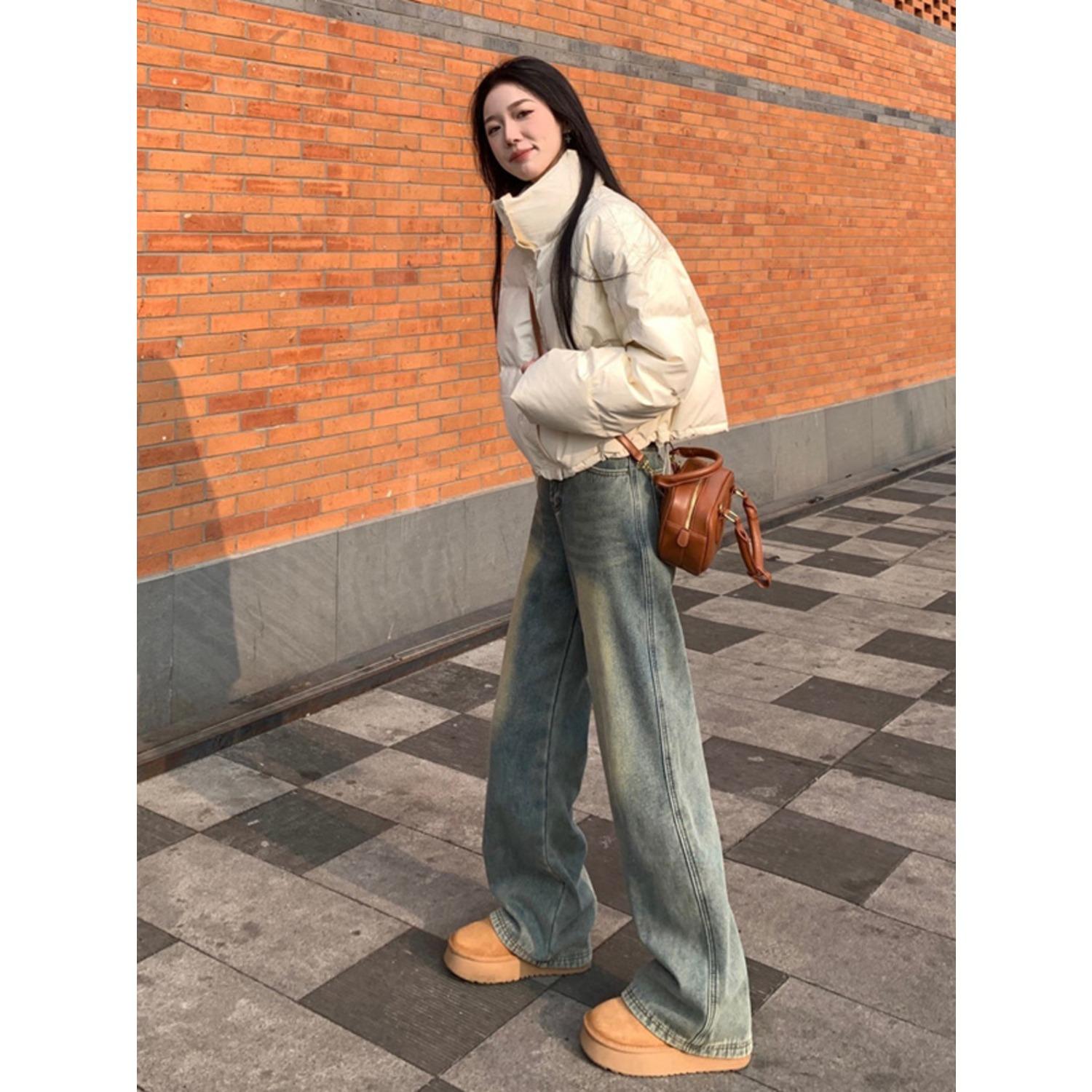 Women s High Waist Straight Leg Jeans Solid Color Loose Fit Casual Denim Pants S синий