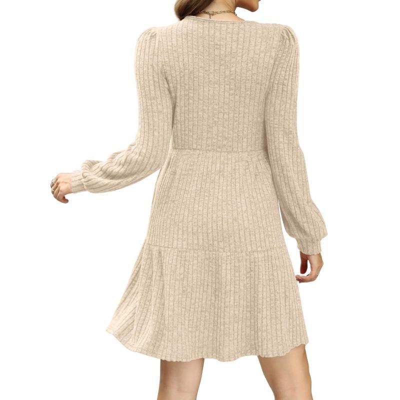 Women's Round Neck Pocket Knit Sweater Long Sleeve A-line Dress