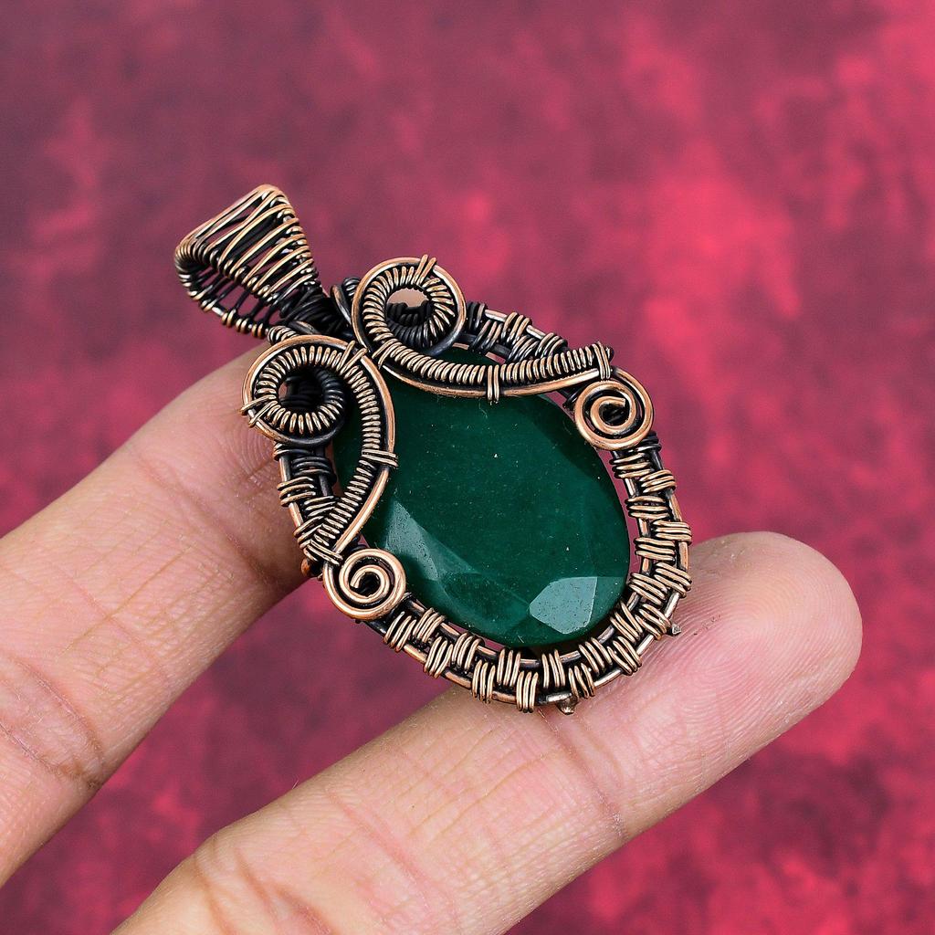 Faceted zambian emerald pendant copper wire wrapped pendant gemstone handmade jewelry designer pendant gifts for friend wire weaving jewelry