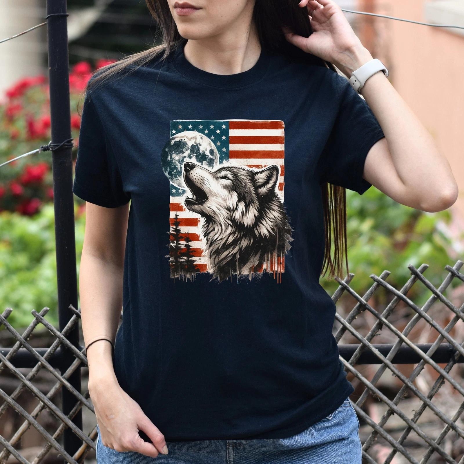 American flag full moon wolf Unisex Tshirt wild animals lover tee Black Navy Dar XL