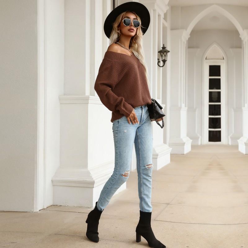 YYFS Damenmode Lässiger Einfarbiger Druck Herbst Winter Langarm V-Ausschnitt Lose Pullover