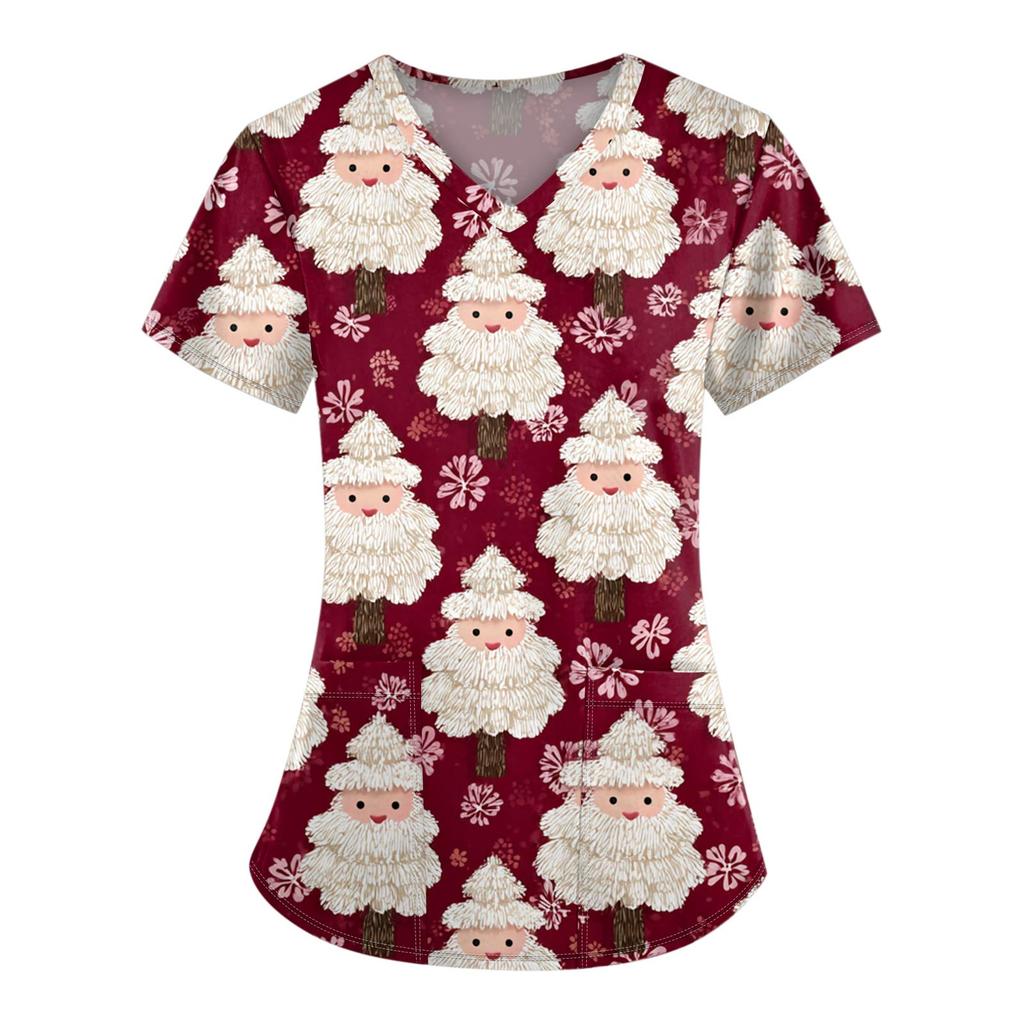 Damen-Bluse mit Weihnachtsdruck, kurzärmelig, V-Ausschnitt, Arbeitstasche