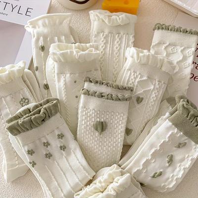 Calzini con texture floreale e a cuore, Calzini a metà gamba con volant dolci e carini, Collant e calzetteria da donna