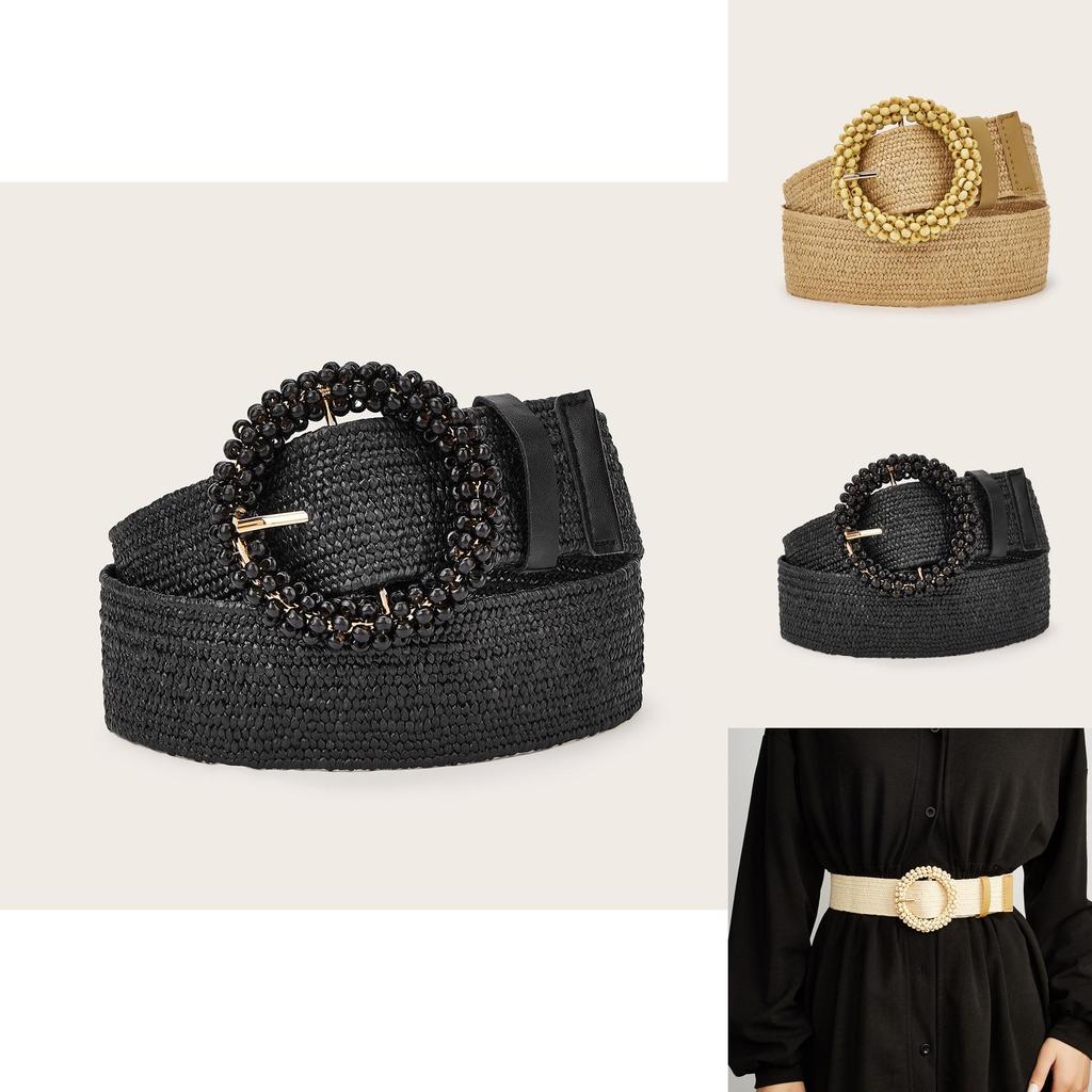 Simple Solid Color Bead Ring Buckle Decoration Women Casual Woven Belt For Boho Dresses