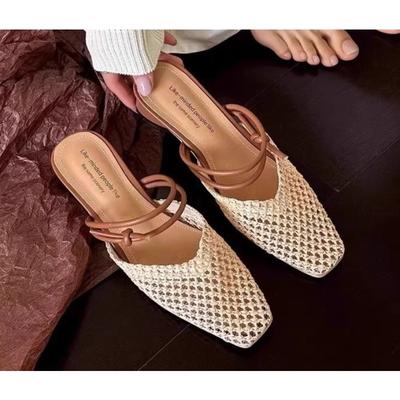 Sommer Neue Damen Slip-On Mules Schuhe Mode Rohrgeflecht Damen Sandalen Schuhe Quadratischer Niedriger Absatz Outdoor Lässige Hausschuhe
