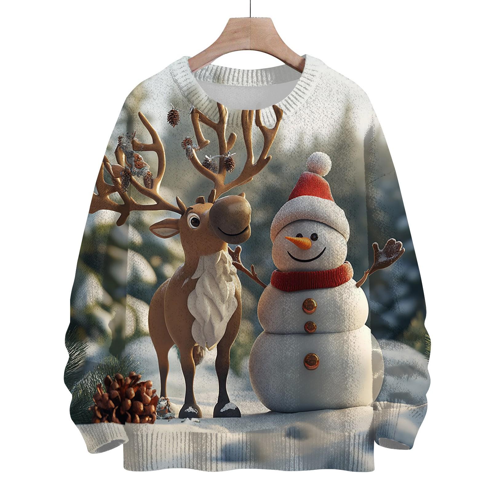 

Женская мода круглый вырез повседневный длинный рукав рождественский милый принт шерстяной трикотажный топ L