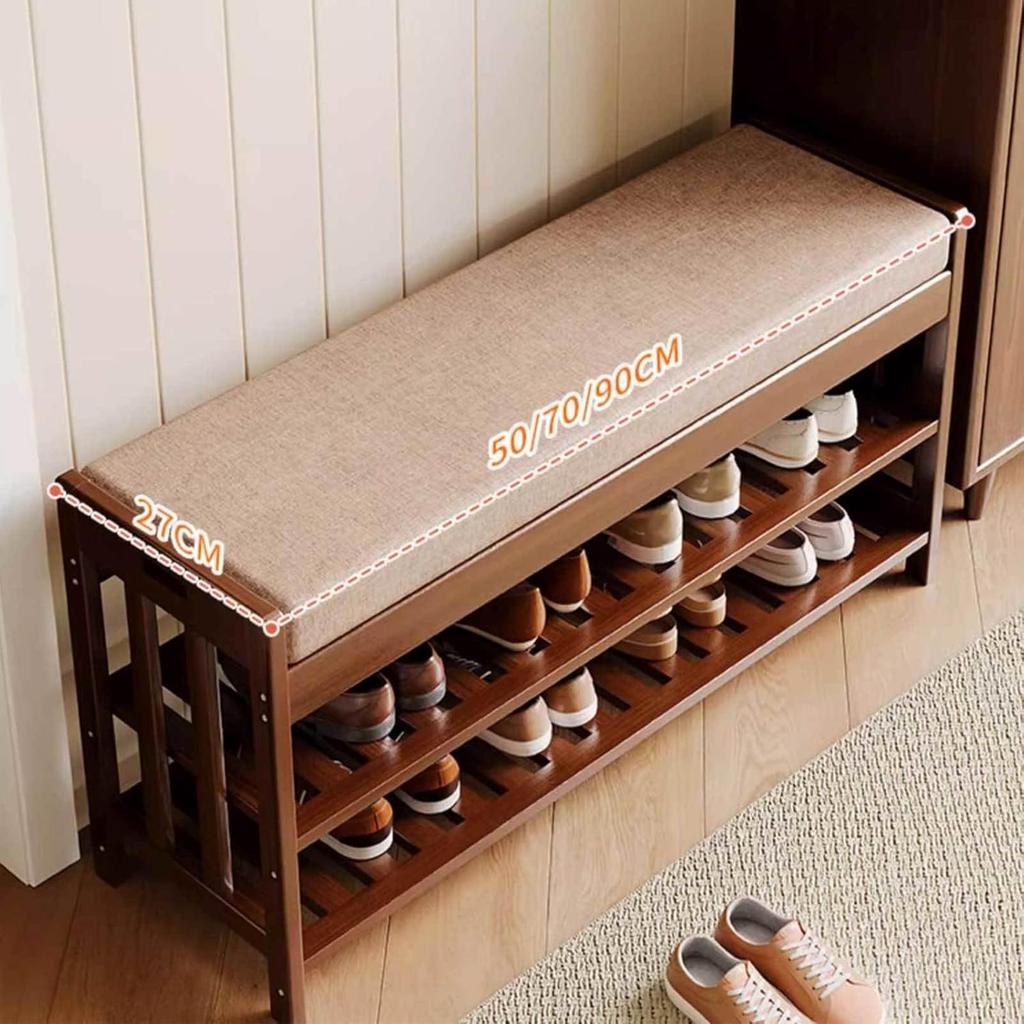 Bamboo Shoe Bench, 3-Tier Storage Rack for Entryway, End of Bed With Cushion, Hallway, Living Room, 19.7" L