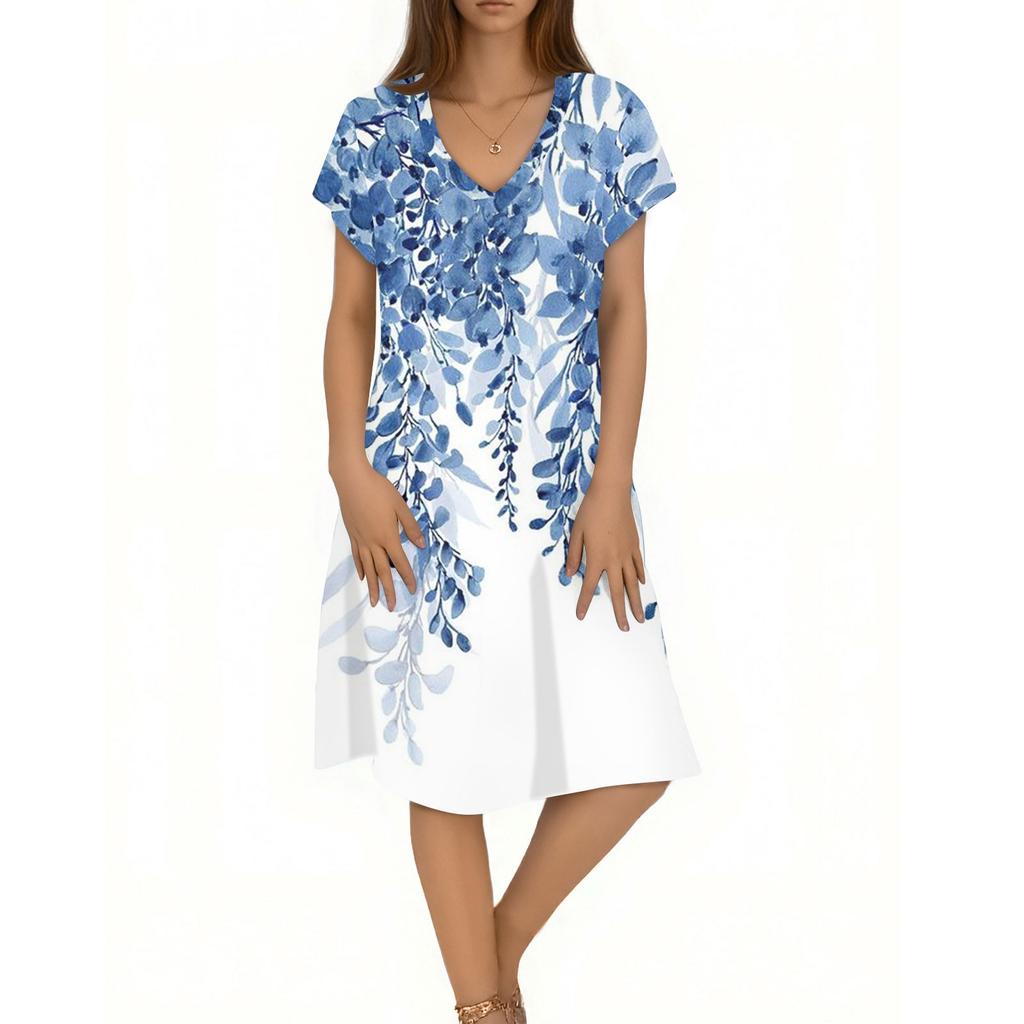 Women's Casual Fashion V-Neck Short Sleeve Floral Print Midi Flowing Dress