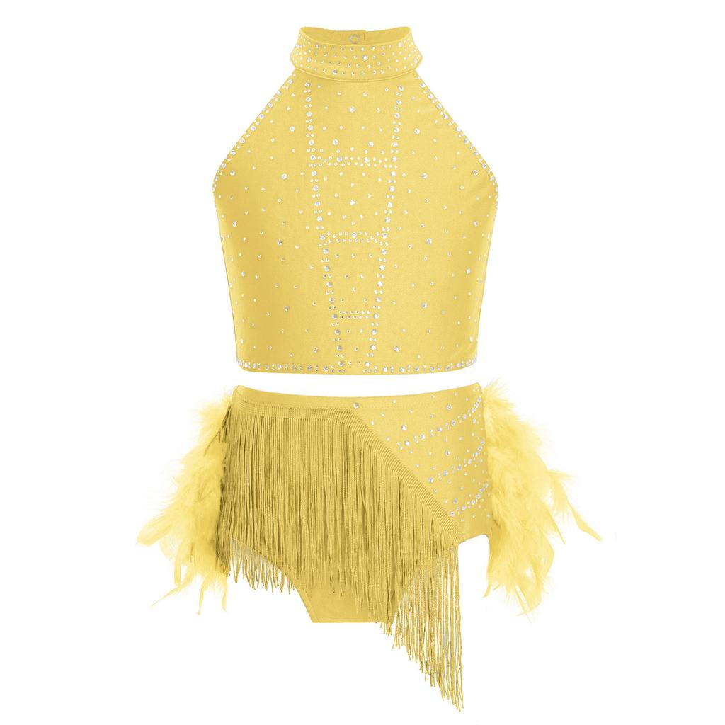 Girls Shiny Tassel Feather Latin Dress Halter Sleeveless Strappy Back Crop Top Skirt Set