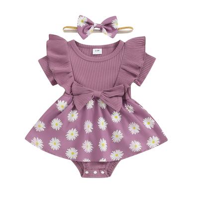Robe Barboteuse Bébé Fille Imprimé Marguerite Manches Courtes Col Rond Combinaison avec Bandeau à Nœud