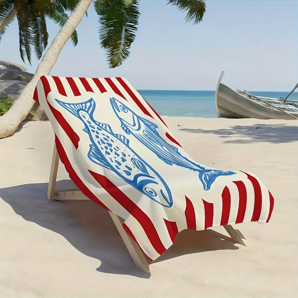 Nautical Fish Striped Beach Towel, Retro Coastal Fish Print, Quick Dry Soft Towel for Beach & Pool Absorbent Oversized Bath Tow