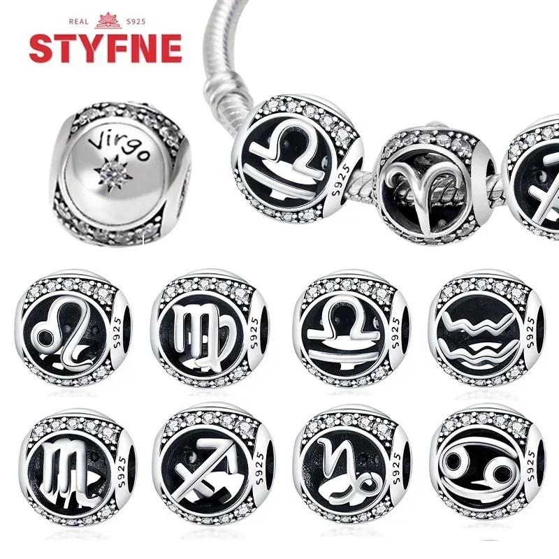 Authentic Copper Twelve Zodiac Sign Set Cartoon Taurus Gemini Star Shape Heart Pendant Bead Charms Compatible With Bracelets Diy Birthday Women Gift