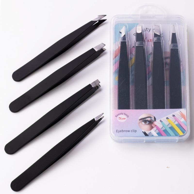 4-Piece Stainless Steel Black Tweezer Set for Eyebrows and Hair Removal with Storage Case
