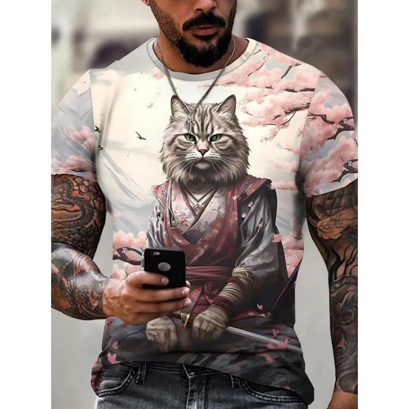 Men's TShirt Style Samurai Cat Graphic 3D Printed T-Shirt Casual Short Sleeved Tee Ersized Men Clothing Tshirt