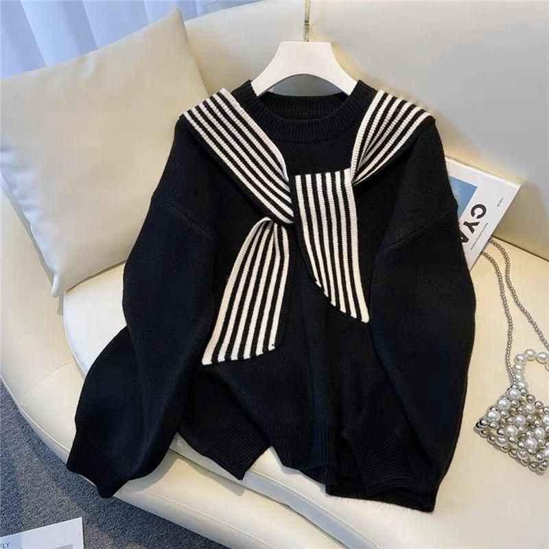 New Popular Round Neck Solid Color Scarf Knitted Sweater for Women Loose and Stylish Pullover Casual Sweater for Outdoor Wear