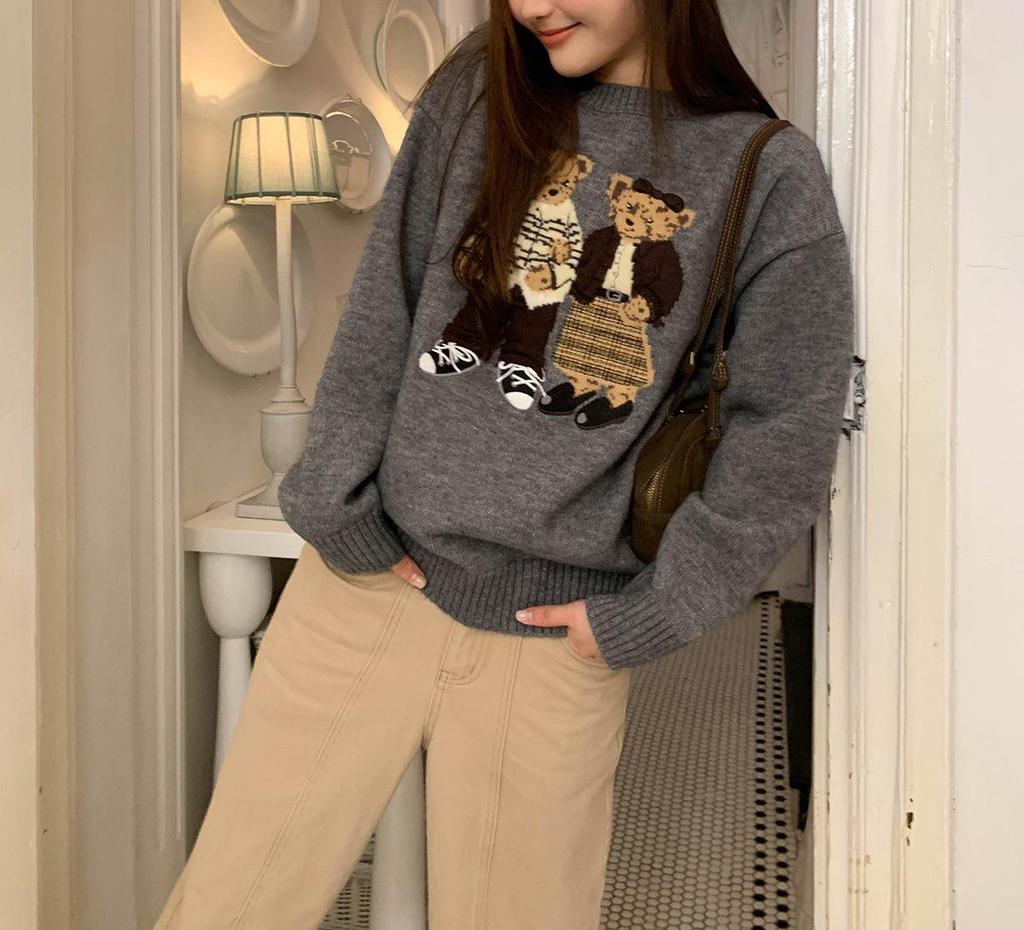 Retro Cartoon Bear Jacquard Knit Sweater - Autumn Loose Fit for Women, Korean Style 2025