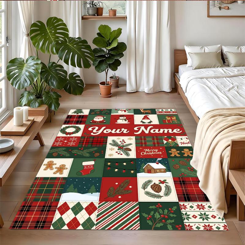 Christmas Custom Name Printed Square Area Rug Soft Non Slip Floor Carpet For Bedroom Holiday Gift