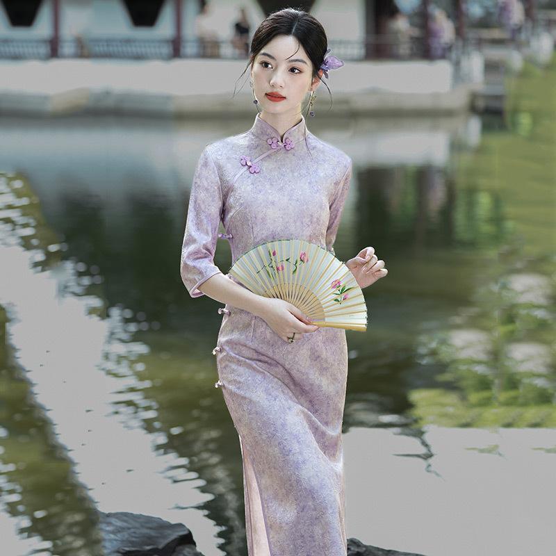 Purple National Style New Chinese Long Autumn Long-sleeved Cheongsam Improved Young Women's High-end Sense Retro Slim Spring and Autumn