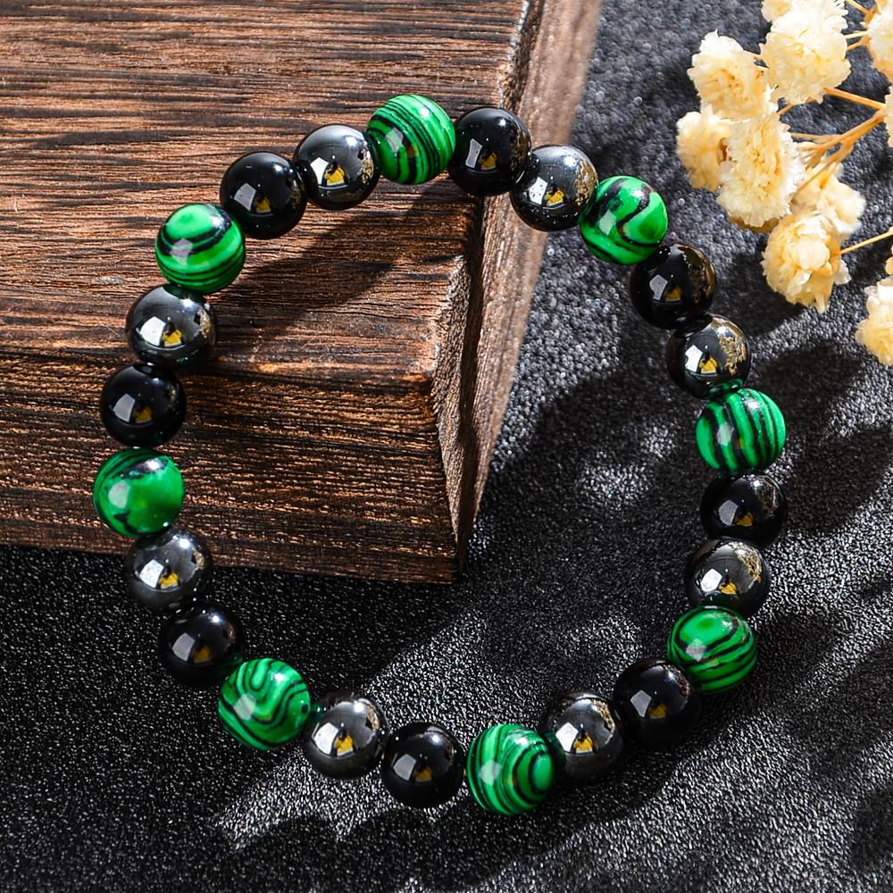 Triple Protection Bracelet, Blue Malachite Black Bile Obsidian Beaded Bracelet, Handmade Stretch Beaded Bracelet
