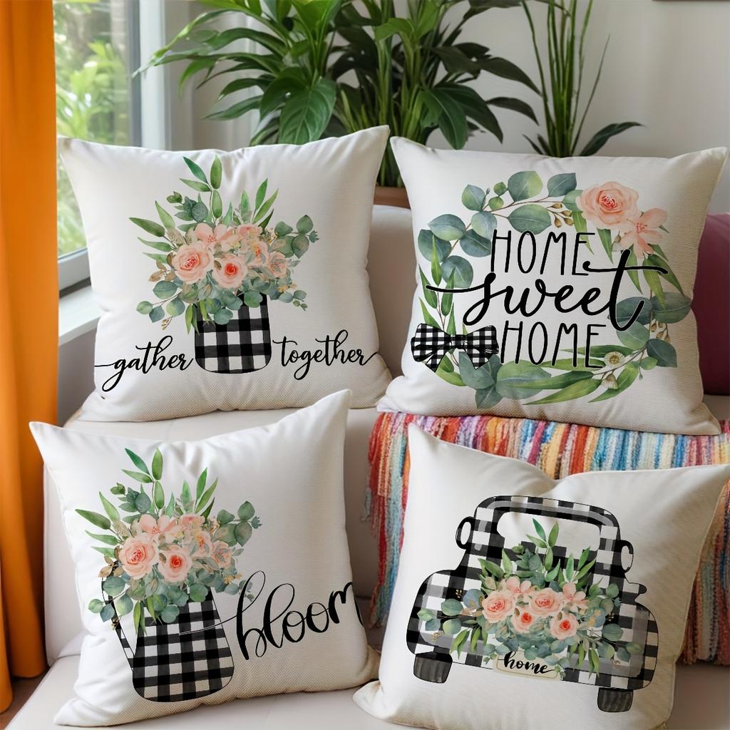 4Pc Country Style Pillowcases, Spring Floral And Checkered Truck Vase Prints, With Zippered Closure For Country Style Pillowcase
