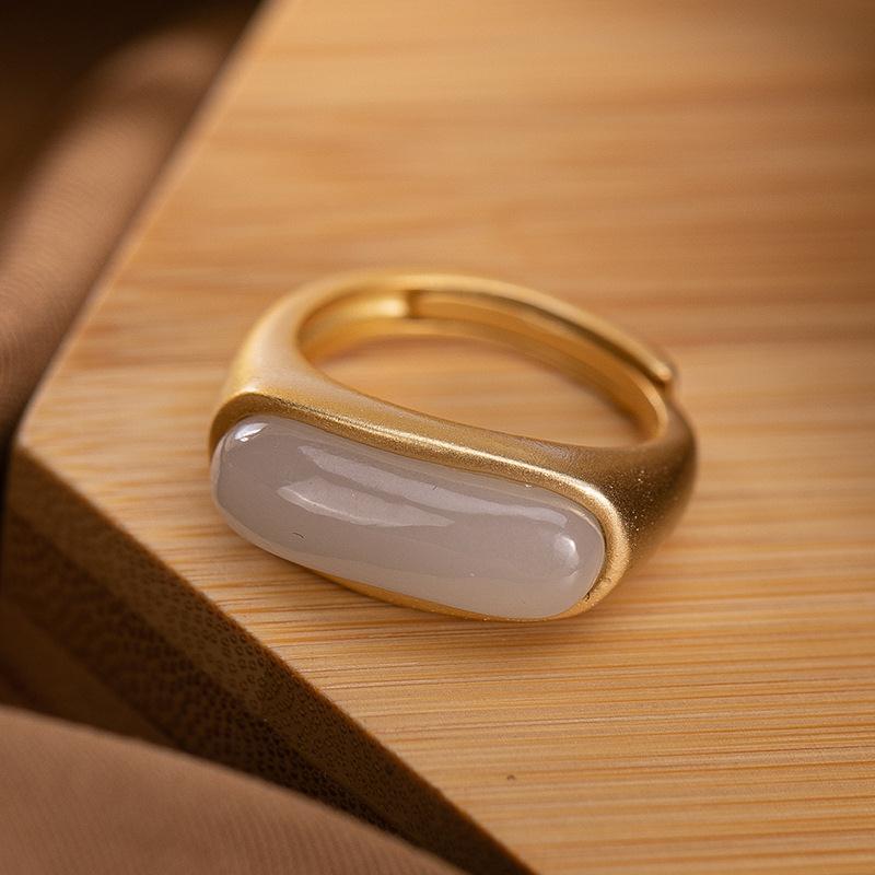 Natural An Purple Jade Long Oval Opening Adjustable Ring Chinese Retro Bohemian Elegant Women'S  Jewelry