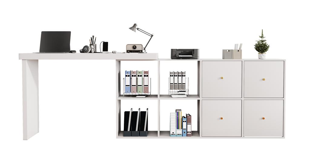 Corner Table, Tabletop 360 Swivel - Can Be Set Up L-shaped or Straight, MDF, Tabletop and Legs Reinforced 4 cm, 4 Compartments, 4 Drawers, White, Desk