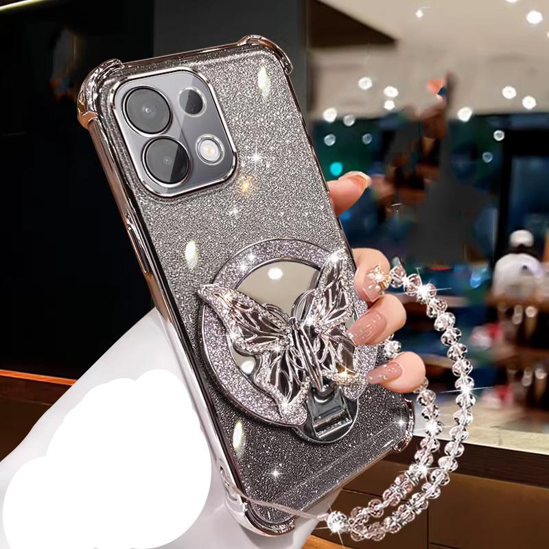 Mirror Glitter Butterfly Crystal Bracelet Case For Xiaomi 17 Pro Max 15T Pro 13T 14T Pro 15 17 Ultra Shockproof Silicone Cover