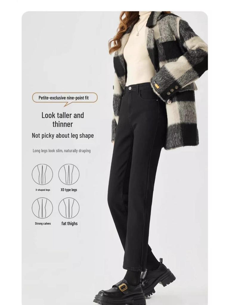 Women's Plus Velvet High-Waisted Slim Fit Cigarette Pants - Autumn/Winter 2024 Stretch Petite Straight-Leg Jeans